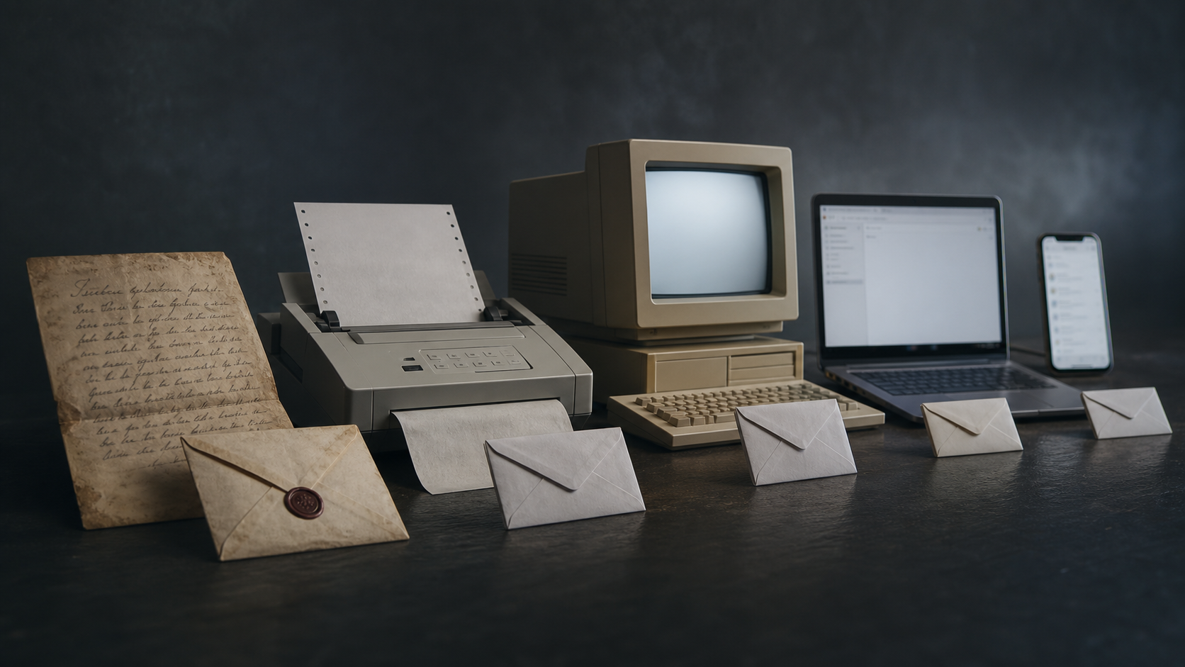 手書きの古い手紙、ドットプリンタ、旧型のデスクトップPC、ノートPC、スマートフォンが左から右へ並び、その手前に封筒が連なって置かれている