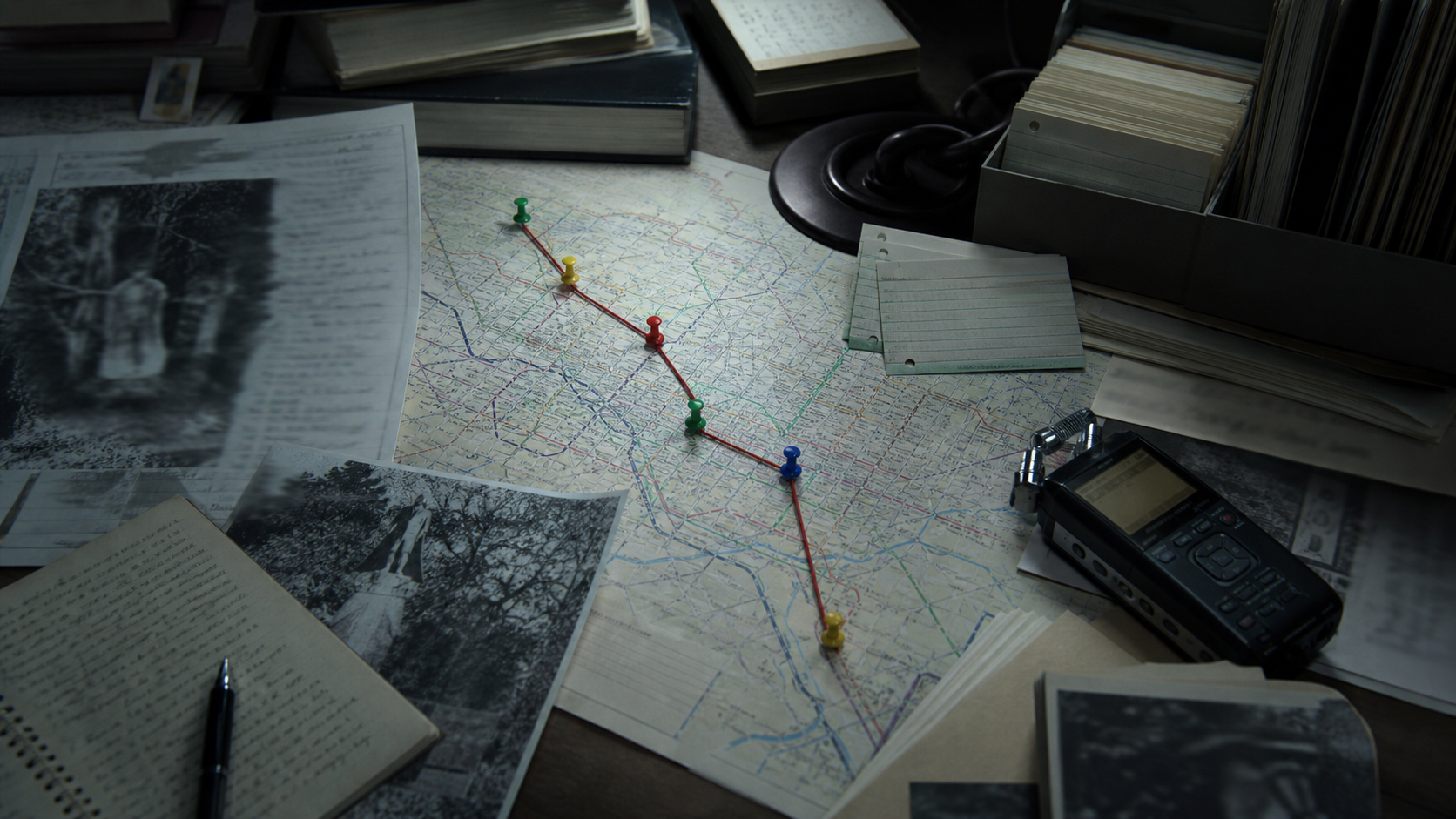 机の上に広げた地図に赤い糸でつないだピンが列を作り、周りに古いモノクロ写真、手書きのノート、インデックスカード、ICレコーダーが散らばっている