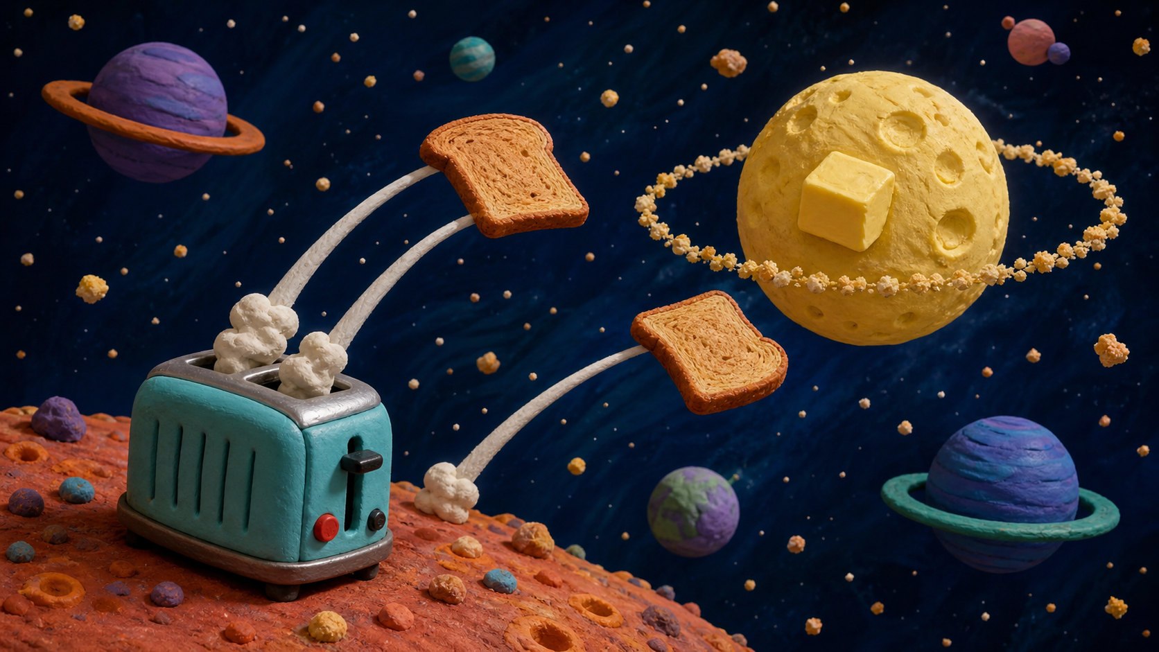クレイアニメ調のトースターが赤い惑星の地表からトーストを2枚打ち上げ、宇宙に浮かぶバターのかたまりが乗った黄色い月へ向かって弧を描いている。背景には環を持つ惑星が並ぶ